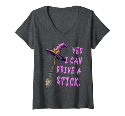 Halloween Spooky Season Women's Yes I Can Drive A Stick Funny Witch Hat Halloween Funny V-Neck T-Shirt - size chart