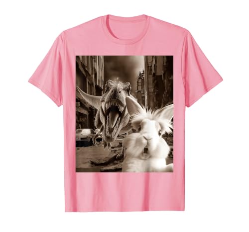 Funny Bunny Rabbit Selfie with T-Rex Tyrannosaurus Dinosaur T-Shirt — design detail