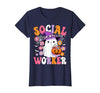 Groovy Social Worker Halloween Ghost Costume Halloween Social Worker Ghost Cute Social Worker Halloween T-Shirt - size chart
