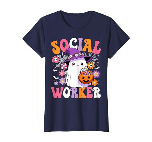 Groovy Social Worker Halloween Ghost Costume Halloween Social Worker Ghost Cute Social Worker Halloween T-Shirt - size chart