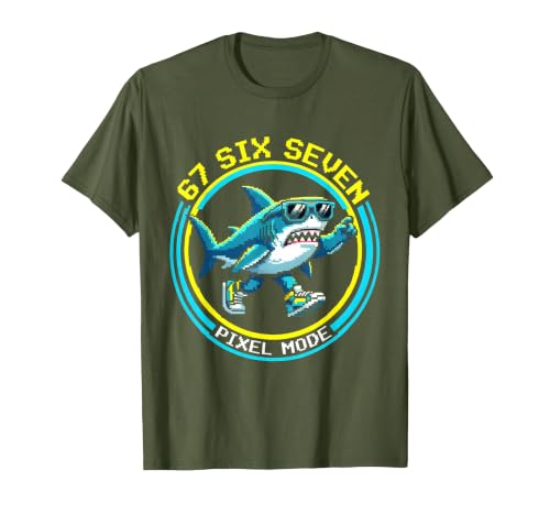 Mademark 67 Six Seven Pixel Mode Absurdist Shark Design T-Shirt - size chart