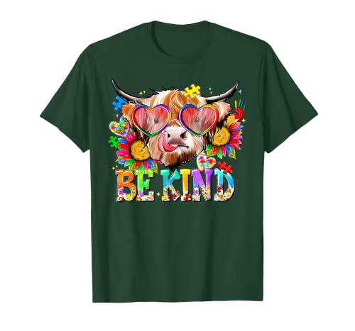 Be Kind Highland Cow Autism Awareness Sped Teacher Be Kind Highland Cow Autism Awareness Inspirational Teacher T-Shirt -