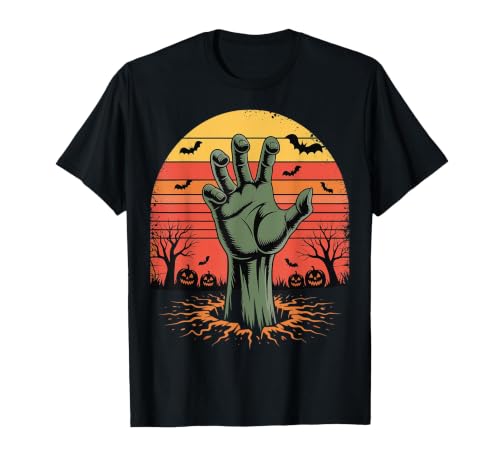 Creepy Undead Zombie Hand Retro Sunset Scary Zombie Hand Retro Sunset Halloween Horror Tee T-Shirt - size chart