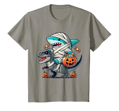 Funny Shark Dinosaur Halloween Kids Boys Tees Shark Riding Dinosaur T-rex Funny Halloween Pumpkin Boys Kid T-Shirt - size