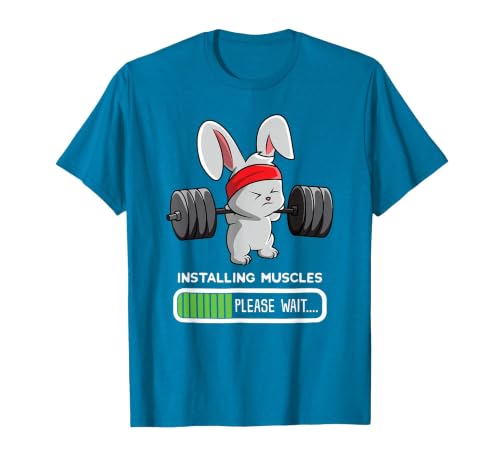 Bunny Gym Rabbit Weights Installing Muscles T-Shirt — design detail