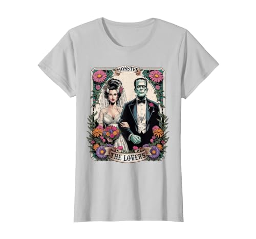The Lovers Tarot Card Spooky Halloween Women Men The Monster Frankenstein and Bride The Lovers Tarot Card T-Shirt - size