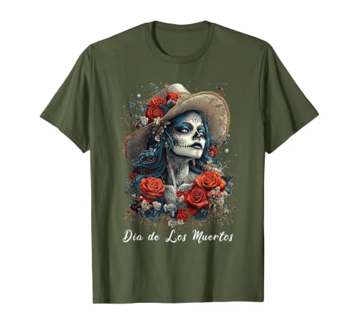 DIRHAME Dia De Los Muertos Mexican Sugar Skull Girl Halloween Dia De Los Muertos T-Shirt - size chart
