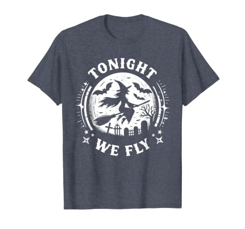Halloween Witches Spooky Night Graveyard Tonight We Fly Halloween Witch Broomstick Moon T-Shirt - size chart