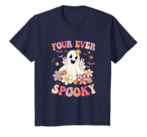 4th Birthday Party Halloween Costume Four Ever Spooky Halloween 4Th Birthday Party Decorations T-Shirt - size chart