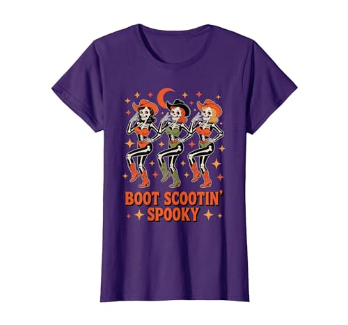 Dancing Skeleton Girls Retro Country Halloween Tee Boot Scootin Cowgirl Spooky Western Line Dance T-Shirt - size chart