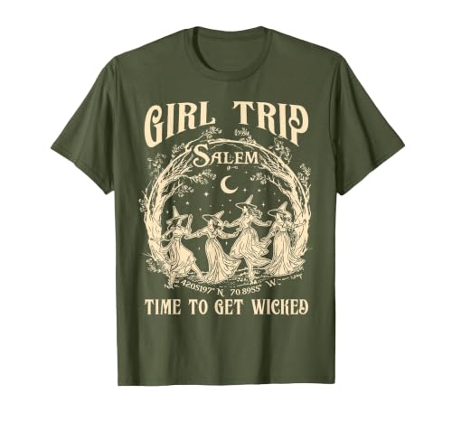 Vitage Girls Trip Salem Halloween Womens Funny Tee Retro Girls Trip Salem 1692 They Missed One Witch Halloween T-Shirt -