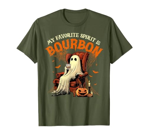 Bourbon Ghost Funny Halloween Drinking Apparel My Favorite Spirit is Bourbon Funny Halloween Ghost T-Shirt - size chart