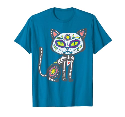 Halloween Cat Shirts For Women Men Kids Owner Sugar Skull Cat Dia De Muertos Day of Dead Halloween Mexican T-Shirt - size
