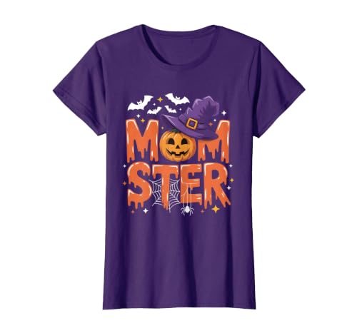 Mom-ster Halloween Funny Witch Hat Pumpkin Mom Momster Mom Mommy Matching Family Halloween Costume Women T-Shirt - size chart