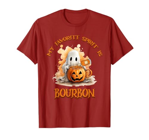 Boo Watercolor Pumpkin Cup Light Witch Hat Bottle Bourbon My Favorite Spirit is Bourbon Happy Halloween Boo T-Shirt - size