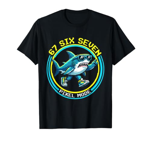 Mademark 67 Six Seven Pixel Mode Absurdist Shark Design T-Shirt - size chart
