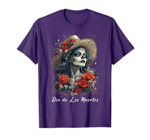 DIRHAME Dia De Los Muertos Mexican Sugar Skull Girl Halloween Dia De Los Muertos T-Shirt - size chart