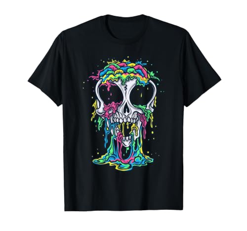 Skull & Halloween Designs for Bikers and Rockers Melting Skull Halloween Colorful Paint Drip Graphic T-Shirt - size chart