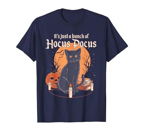 funny Halloween shirt It's Just A Bunch of Hocus Pocus Funny Cat T-Shirt - size chart