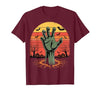 Creepy Undead Zombie Hand Retro Sunset Scary Zombie Hand Retro Sunset Halloween Horror Tee T-Shirt - size chart