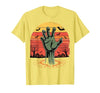 Creepy Undead Zombie Hand Retro Sunset Scary Zombie Hand Retro Sunset Halloween Horror Tee T-Shirt - size chart