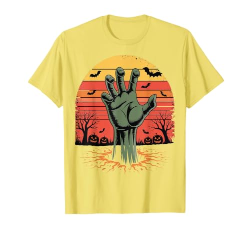 Creepy Undead Zombie Hand Retro Sunset Scary Zombie Hand Retro Sunset Halloween Horror Tee T-Shirt - size chart