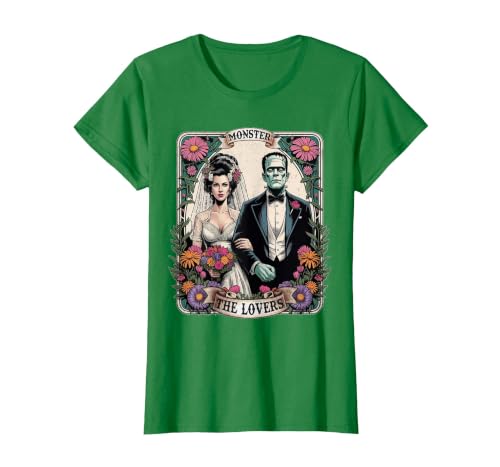 The Lovers Tarot Card Spooky Halloween Women Men The Monster Frankenstein and Bride The Lovers Tarot Card T-Shirt - size