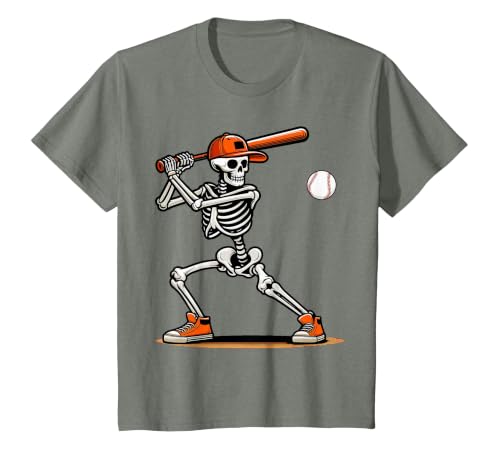 Funny Halloween Skeleton Sports Boys Costume Baseball Skeleton Spooky Boys Halloween Baseball Player T-Shirt - size chart