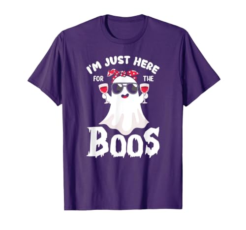 Addictive Designs Halloween Merch Funny Halloween, Just Here for the Boos, Ghost Drinking Wine T-Shirt - size chart