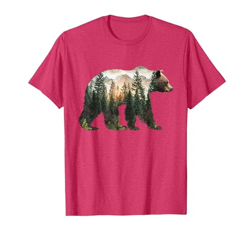 Bear Designs. Bear Forest Mountains Trees Nature Sunset Outdoor Graphic T-Shirt - size chart