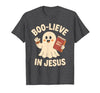 Christian Halloween Merch Boo-Lieve in Jesus - Christian Halloween Christianity T-Shirt - size chart