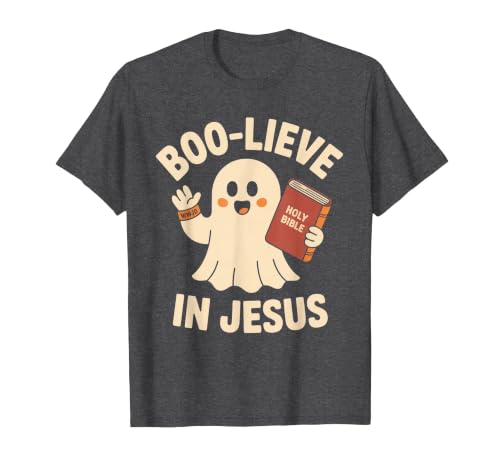 Christian Halloween Merch Boo-Lieve in Jesus - Christian Halloween Christianity T-Shirt - size chart