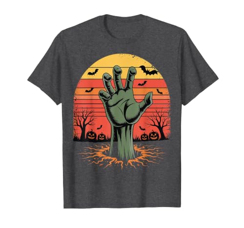 Creepy Undead Zombie Hand Retro Sunset Scary Zombie Hand Retro Sunset Halloween Horror Tee T-Shirt - size chart