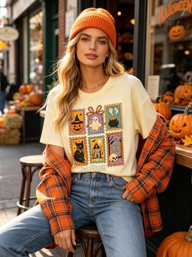 SGYHO Oversized Halloween Shirts for Women Spooky Season Pumpkin Ghost Fall Casual Tee - size chart