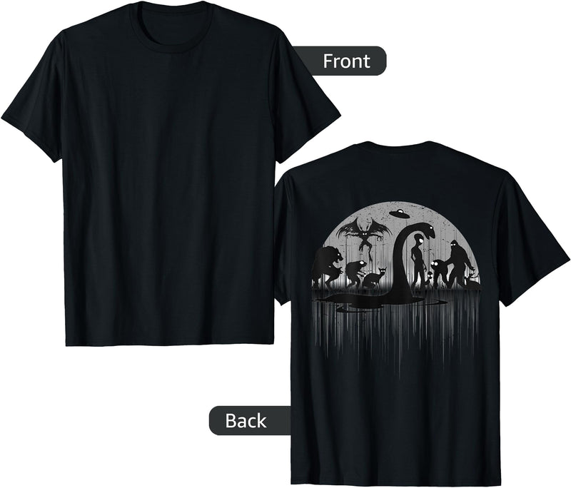 Cryptids Dibble Dabble Designs Design on back Loch Ness Bigfoot Mothman Alien Funny Cryptid T-Shirt - Black