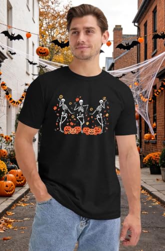 CAZYCHILD Halloween Shirts for Men Funny Halloween Pumpkin Shirt Dancing Skeleton Tee - size chart