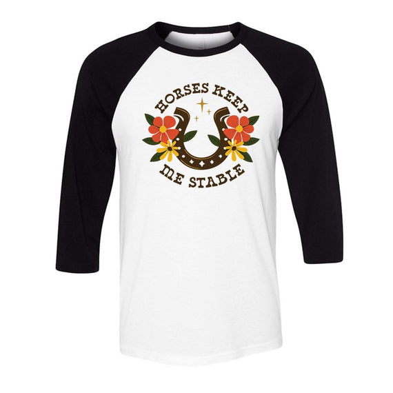 TeesAndTankYou Horses Keep Me Stable Three-Quarter Raglan Sleeve Baseball Shirt Unisex - White/Black