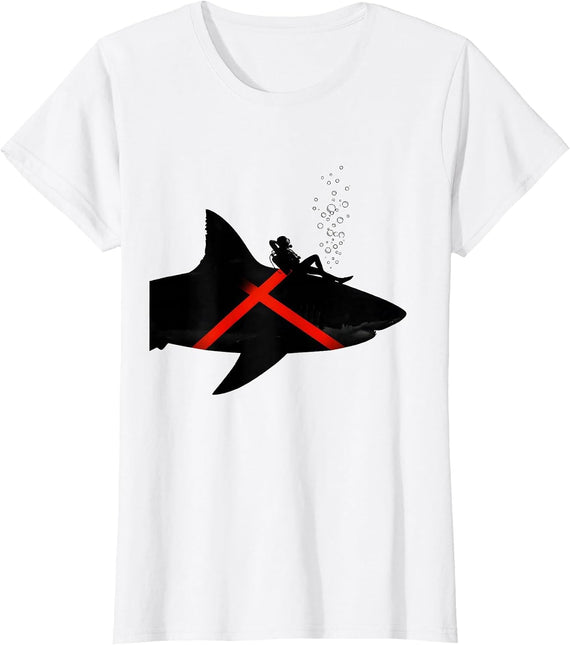 Women's Shark With Diver Silhouette Scuba Diving Humor T-Shirt - White
