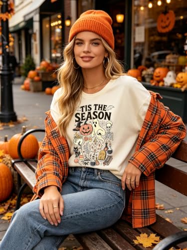 SGYHO Oversized Halloween Shirts for Women Spooky Season Pumpkin Ghost Fall Casual Tee - size chart