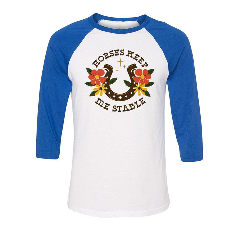TeesAndTankYou Horses Keep Me Stable Three-Quarter Raglan Sleeve Baseball Shirt Unisex - White/Royal