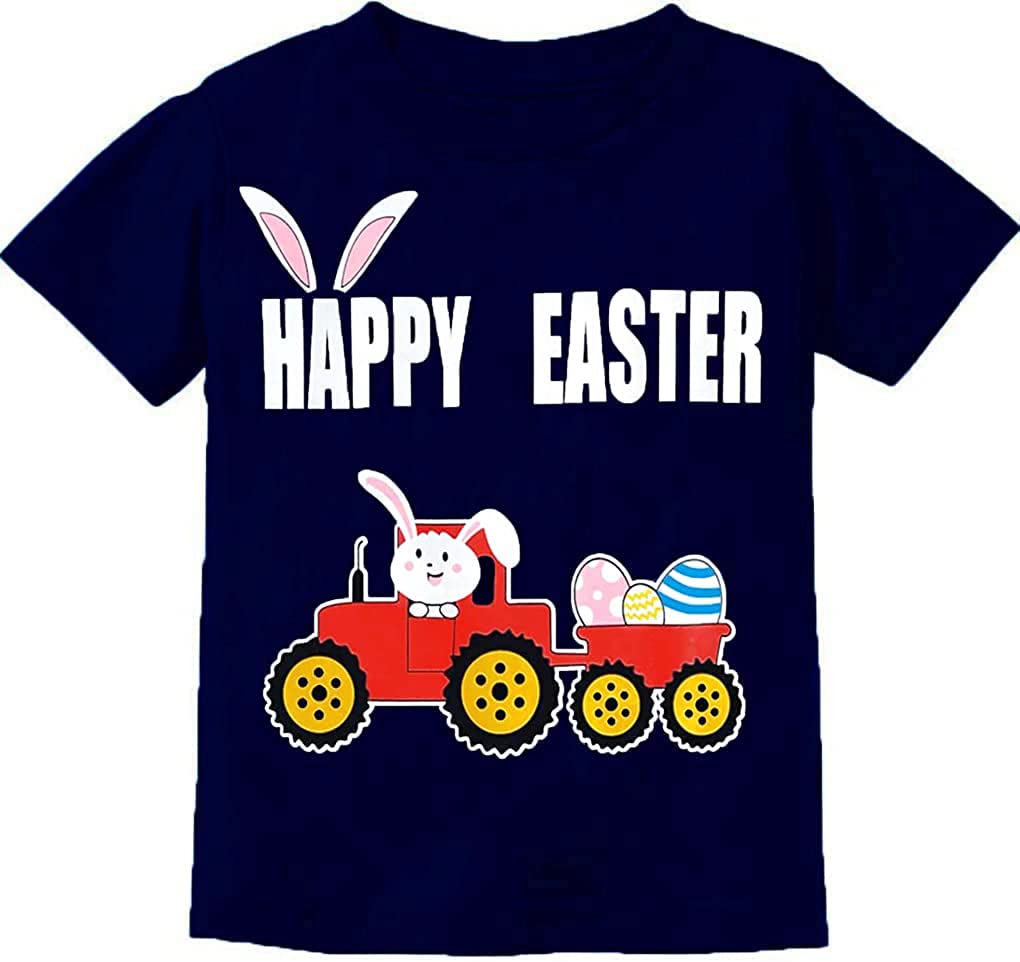 Easter Day Gift for Toddler Boy Baby Girl Tractor Loving Bunny T-Shirt in Bunny Tractor-deep Blue