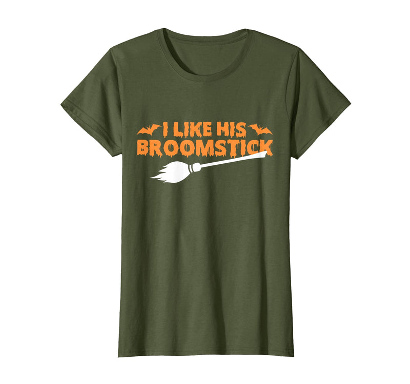Funny Groovy Halloween Outfit I Like His Broomstick Halloween Funny Matching Couples T-Shirt - Olive Green
