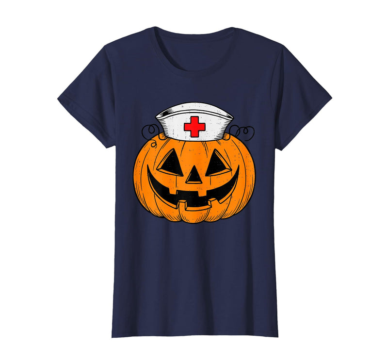 Halloween Tees for Women Men Kids Funny Pumpkin Nurse Scary Halloween Costume RN CNA ICU Women T-Shirt - Navy Blue