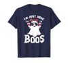Addictive Designs Halloween Merch Funny Halloween, Just Here for the Boos, Ghost Drinking Wine T-Shirt - Navy Blue