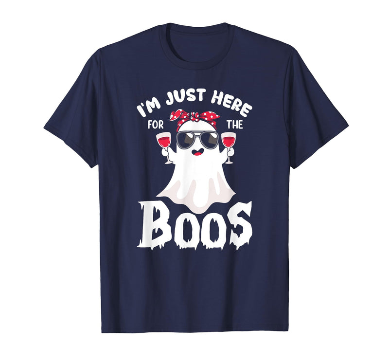 Addictive Designs Halloween Merch Funny Halloween, Just Here for the Boos, Ghost Drinking Wine T-Shirt - Navy Blue
