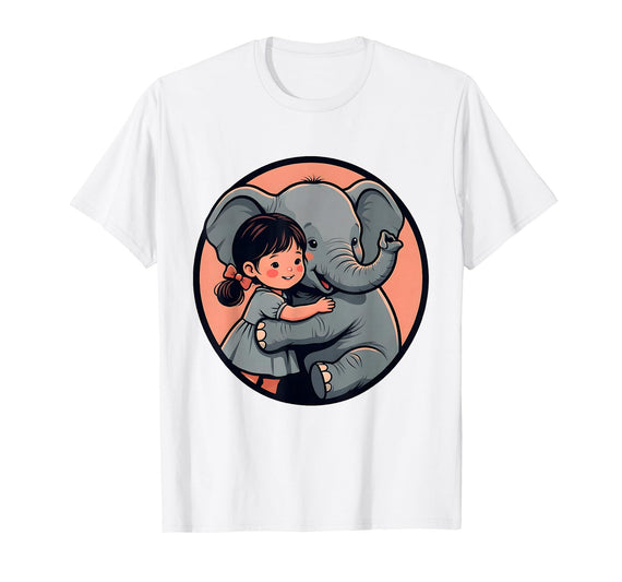 Mademark Cute Girl Snuggling Baby Elephant Graphic Tee T-Shirt - Men - White