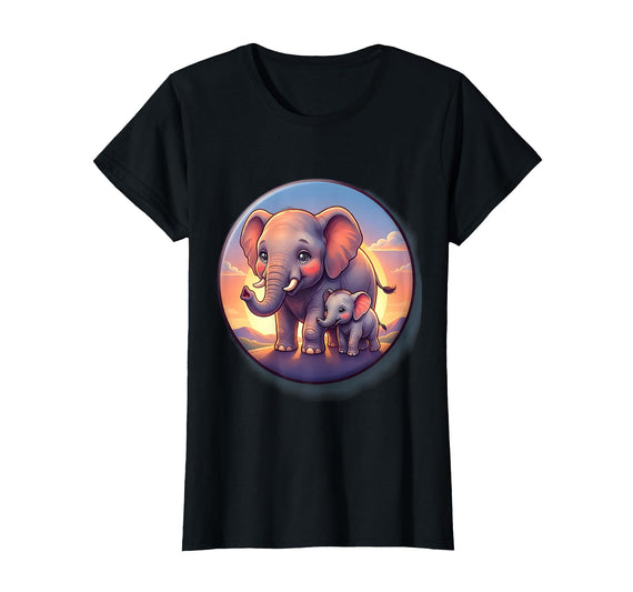 Mademark Elephant Mother and Calf Sunset Walk Design T-Shirt - Women - Black