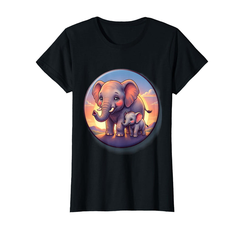 Mademark Elephant Mother and Calf Sunset Walk Design T-Shirt - Women - Black