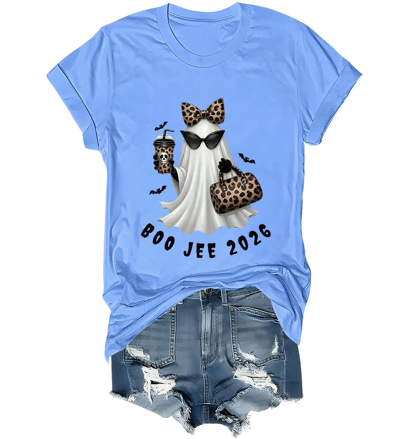 WQFQW Boo JEE 2026 Ghost Funny Halloween Leopard Print Ghost Shirt for Women - Sky Blue