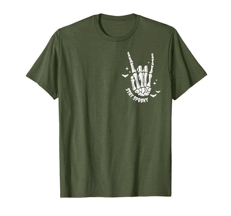 Funny Skeleton Halloween Vintage Stay Spooky Hand Skeleton Happy Halloween Pocket T-Shirt - Olive Green